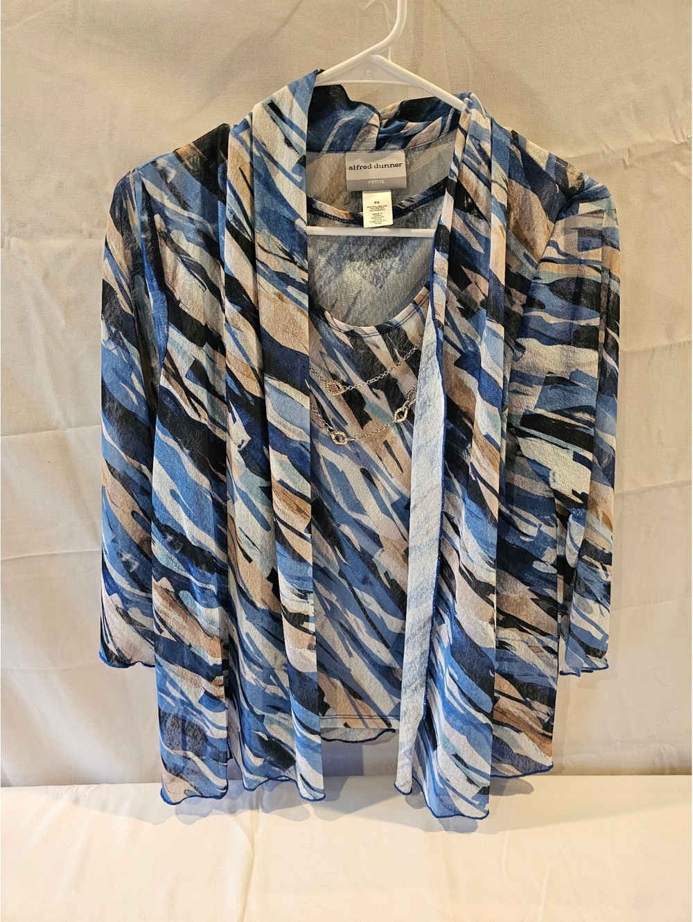 Alfred Dunner Blue Multi-Color Patterned Petite Size PS Cardigan and Top Set
